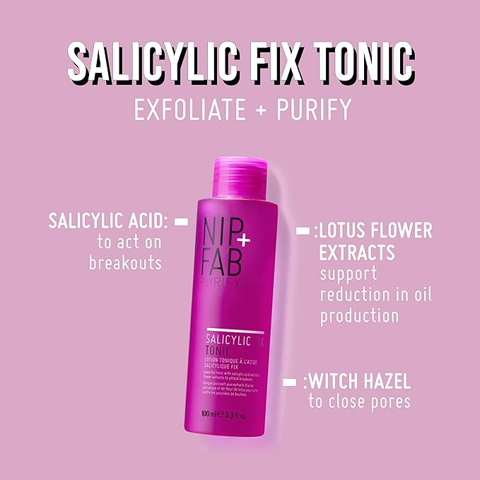 Nip + Fab Salicylic Acid Fix Tonic for Face with Witch Hazel BHA Toner for Breakouts Minimize Pores Oil Control, 3.3 Fl Oz
