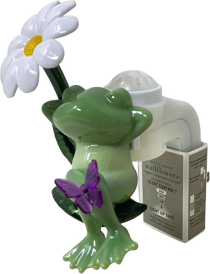 Bath & Body Works Frog with Flower Scent Control Nightlight Wallflowers Fragrance Plug with a Peach Gardenia Sample Soap