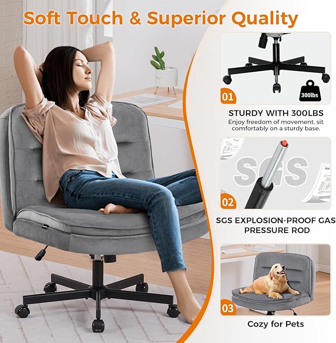 COMHOMA Criss Cross Chair with Wheels Armless Cross Legged Office Chair Wide Home Office Desk Chair Swivel Comfy Vanity Desk Chair Height Adjustable Mid Back Wide Seat Computer Task Chair