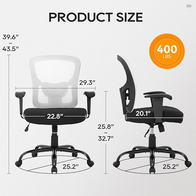 BestOffice Big & Tall Office Chair, 400 lb Capacity Mesh Desk Seating with Lumbar Support, Wide Seat, Adjustable Arms, Rolling Swivel High-Back Ergonomic Executive Task Model for Home Office, White