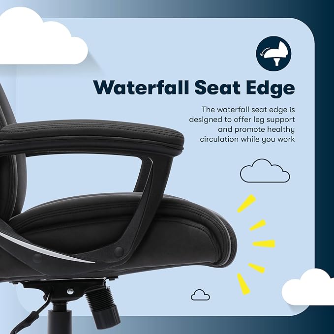 Serta Comfort Eco Office Chair, Ergonomic Mid-Back with Lumbar Support, Semi-Plush Seat Cushion and Layered Body Pillows, Padded Armrests, Metal Swivel Base, Soft Velvet Fabric, Black