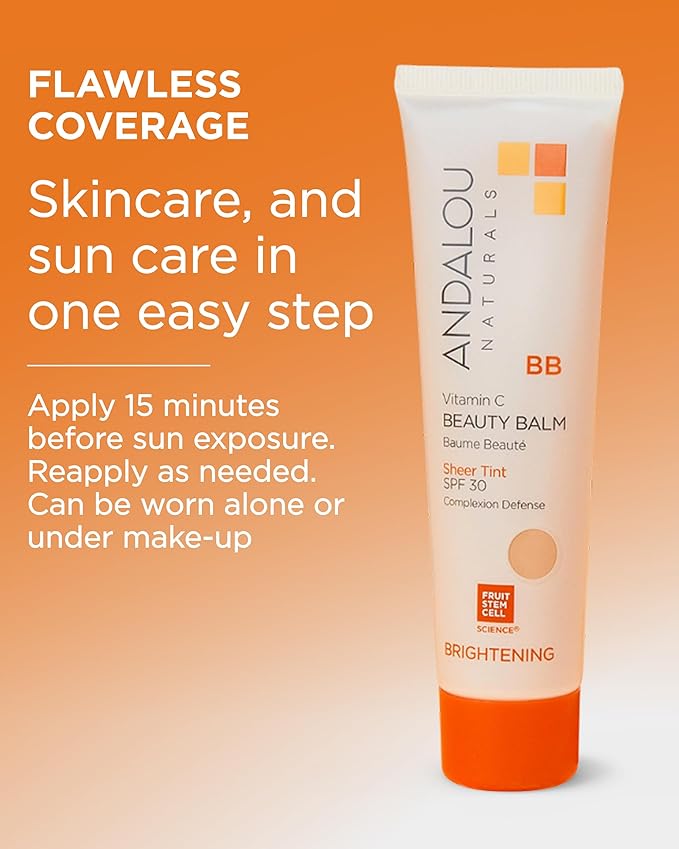 Andalou Naturals Vitamin C BB Beauty Balm Sheer Tint SPF 30-2-in-1 BB Cream & Mineral Sunscreen for Face - With Non-Nano Zinc Oxide Skin Protection - 2 fl oz