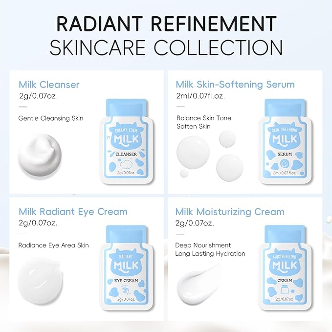 Travel Skincare Set, 50 Pcs Mini Travel Size, Outdoor Travel Kit Includes Facial Cleanser, Toner, Eye Cream, Face Cream, Mask, Skin Care Set for Teens Men Women (Milk 50mini)