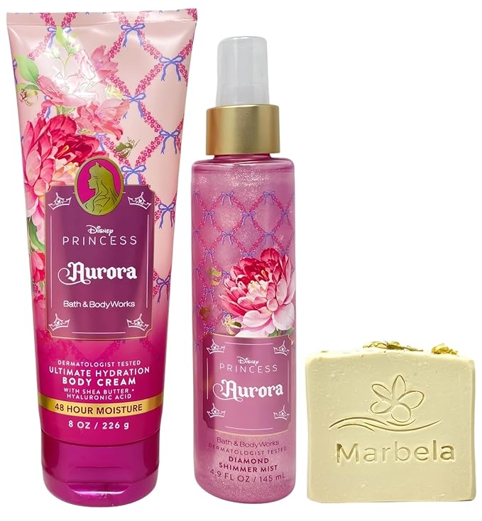 Bath & Body Works Limited Edition Princess Collection Aurora Ultimate Hydration Body Cream and Diamond Shimmer Mist with a Wild Jasmine Bar Soap