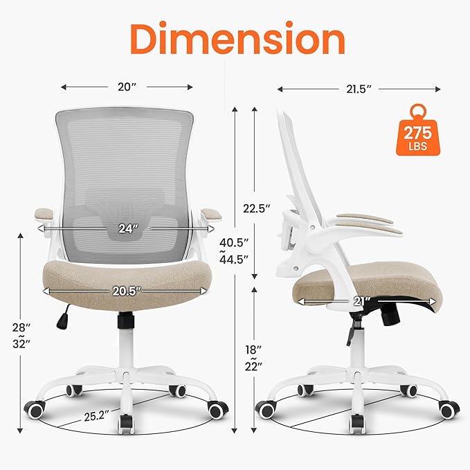 NEO Chair Office Chair High Back Desk Mesh Chair Comfy Computer Gaming Seat with Adjustable Ergonomic Lumbar Rolling Flip-up Armrests and Wheels (Beige)