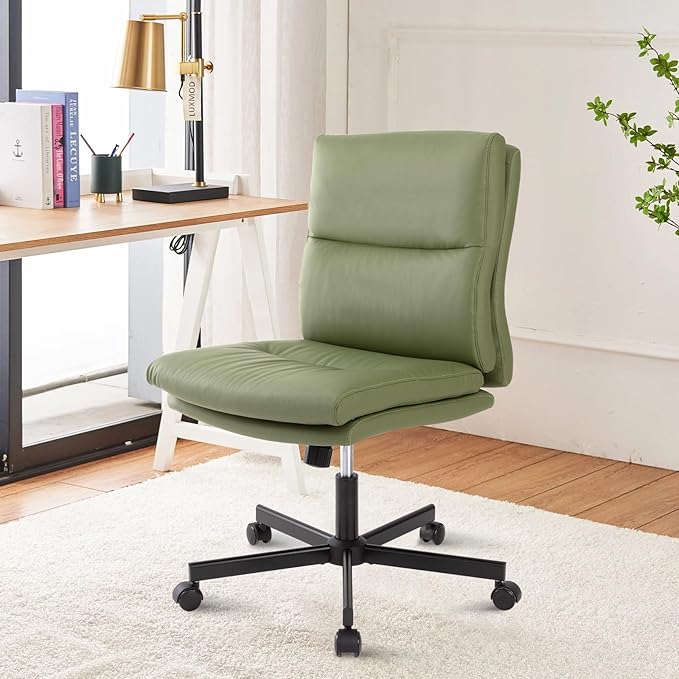 LUCKWIND Armless Office Desk Chair with Wheels,Double Padded PU-Leather Chairs for Office & Bedroom, 014 New (Green)