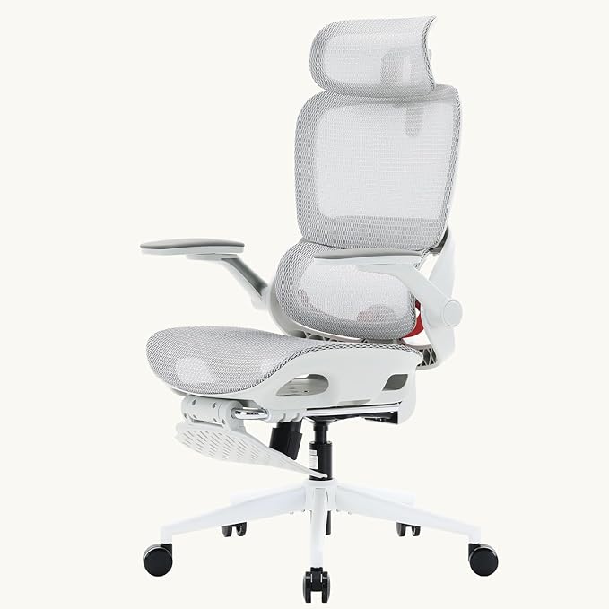 SIHOO B100 PRO Ergonomic Office Chair with Footrest, Mesh Office Chair with Adaptive Lumbar Support, Computer Chair with Wide Headrest, Desk Chair with 360° Rotatable Flip-Up Armrests, Light Grey