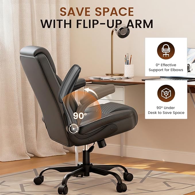 GTPLAYER Leather Office Chair, Home Desk Chair with Flip-up Arms and Ergonomic Back - Comfy Heavy Duty Executive Chair for Home Office Gaming, Gray