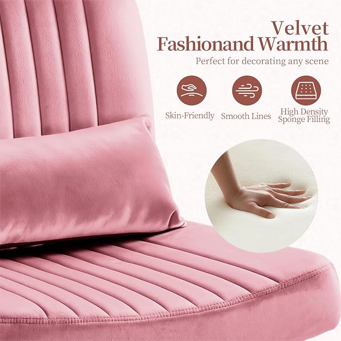 Warmiehomy Velvet Criss Cross Desk Chair with Wheels, Luxury Cross Legged Office Chairs for Home Office, Swivel Wide Seat Vanity Chair, Armless Adjustable Height Gaming Chair Gift, Rose Pink