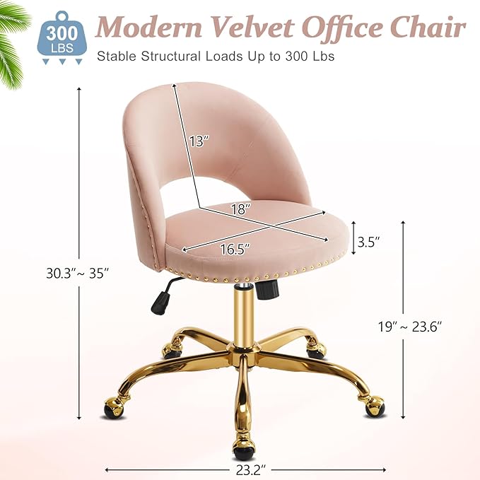 VINGLI Modern Velvet Small Office Chair,Cute Desk Chair with Wheels,Gold Base/Studs, Comfy Armless Swivel Vanity Task Chair for Women/Girl/Kids, Nail Tech Chair for Bedroom,Small Space,Pink