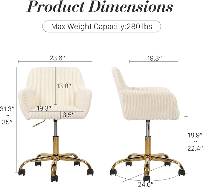 Faux Fur 360°Swivel Desk Chair, Height Adjustable Home Office Armchair with Golden Base for Teens Women Girls, Upholstery Computer Chair for Home Studios, Corduroy & Beige