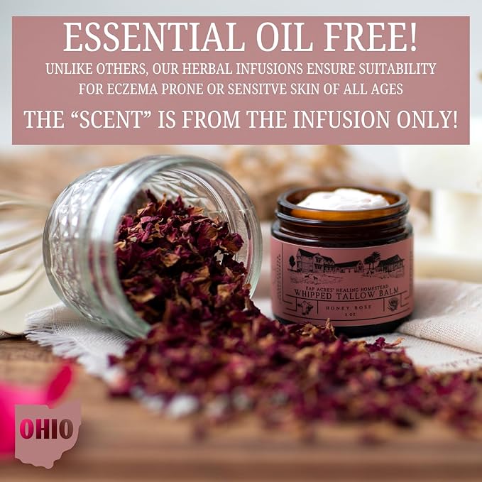 Rose-infused 100% Grass-Fed Whipped Tallow Balm-Organic Raw Manuka Honey & Organic Jojoba Oil, Rosehip Oil, Face and Body Moisturizer for Dry, Sensitive Skin, Eczema (Honey Rose)