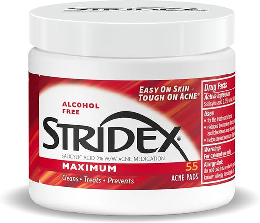 Stridex Medicated Acne Pads, Maximum, 55 Count – Facial Cleansing Wipes, Alcohol Free, Acne Treatment for Face, For Moderate Acne, Smooth Application