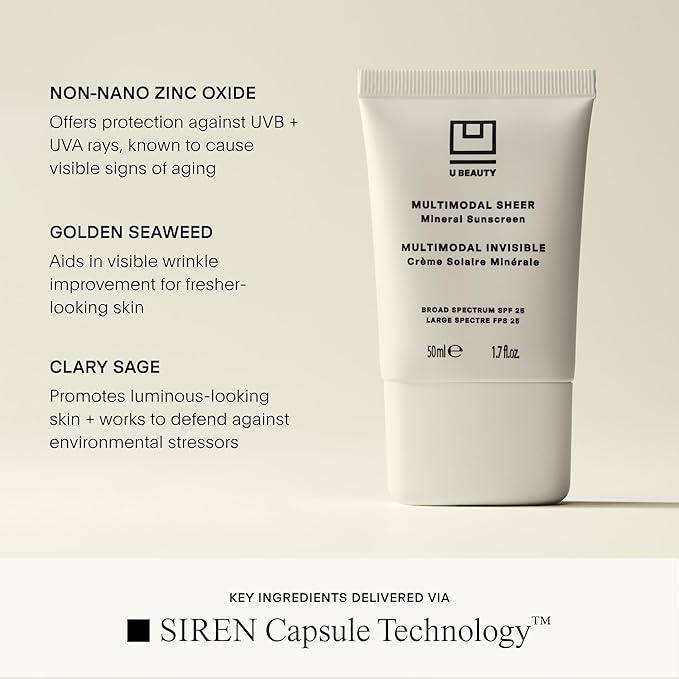 U Beauty Multimodal Sheer Facial Mineral Sunscreen SPF 25 with Non-Nano Zinc Oxide SPF Filter, plus Clary Sage and Pongamia Pinnata Seed Extracts for Brighter-Looking Skin with an Airbrush Finish