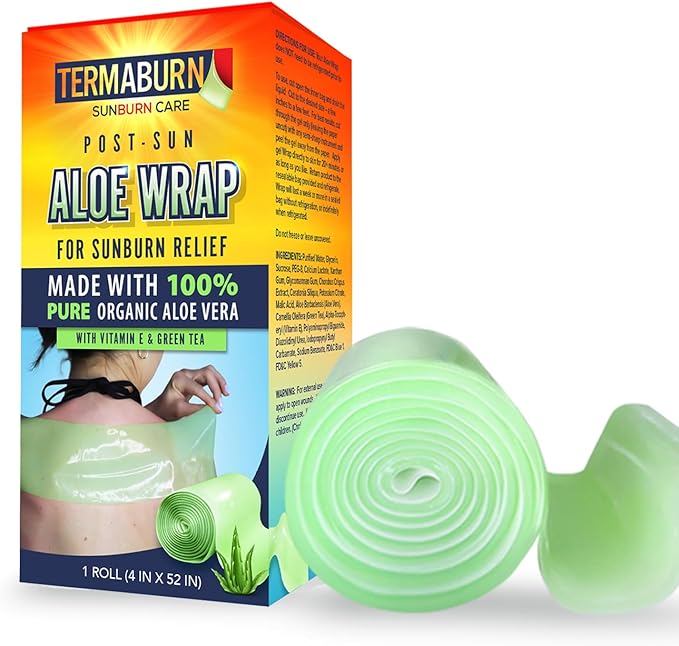 TermaBurn Aloe Wrap for Sunburn Relief – Hydro-Gel Aftersun Treatment with 100% pure aloe vera Gel | Second Skin aloevera gel for burns and peeling irritation | Great for Tattoo Aftercare and Sun Care