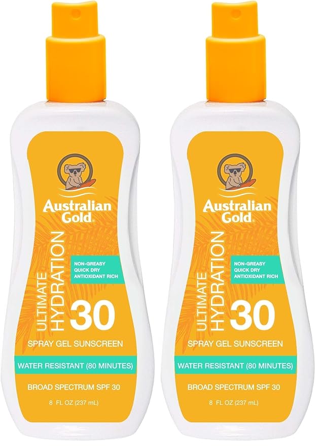 Australian Gold Spray Gel Sunscreen Moisturize Hydrate Skin, Broad Spectrum, Water Resistant, NonGreasyc, Oxybenzone Free, Cruelty Free, SPF 30, Coconut, 8 Ounce (A70892) (Pack of 2)