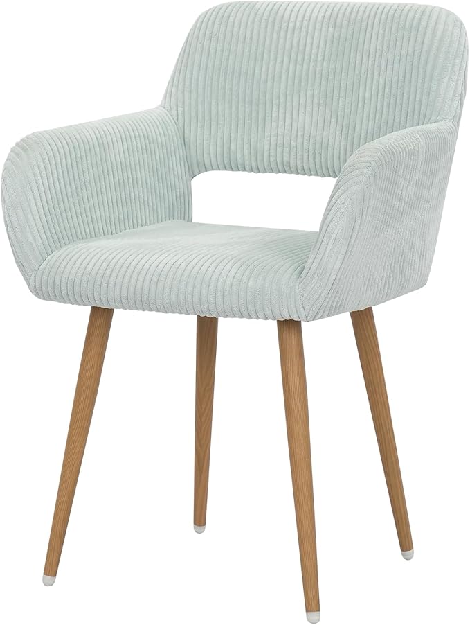 HENJIANYI Home Office Corduroy Desk Chair, Fluffy Makeup Vanity Chair, Comfy Accent Armchair with Wood Grain Metal Legs, Cute Dining Chair with Hollowed Back, Light Blue