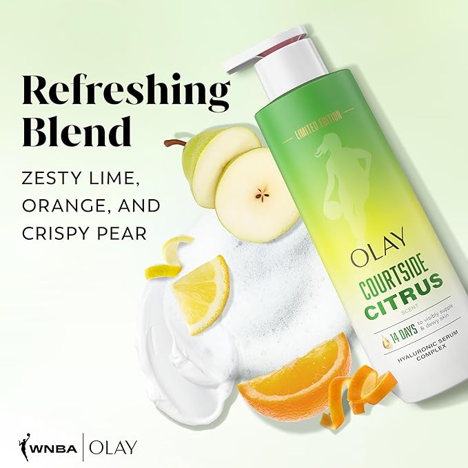 Olay Body Wash for Women, WNBA, Intensely Hydrating, Hyaluronic Acid Serum, Hydration On/Off Court, Improves Moisture Barrier, Vitamin B3 Complex, All Skin Types, Courtside Citrus Scent, 20 fl oz