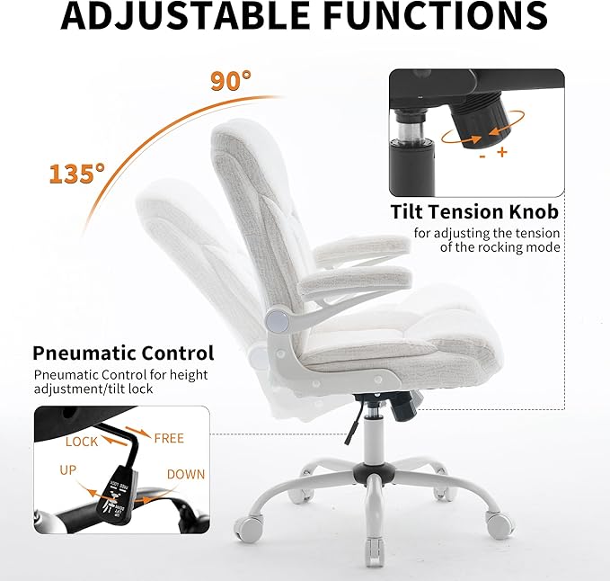 Home Office Ergonomic Desk Chair - Comfy Leather Executive Chair with Flip-Up Armrests, Lumbar Support, 360° Swivel & Rocking (White)