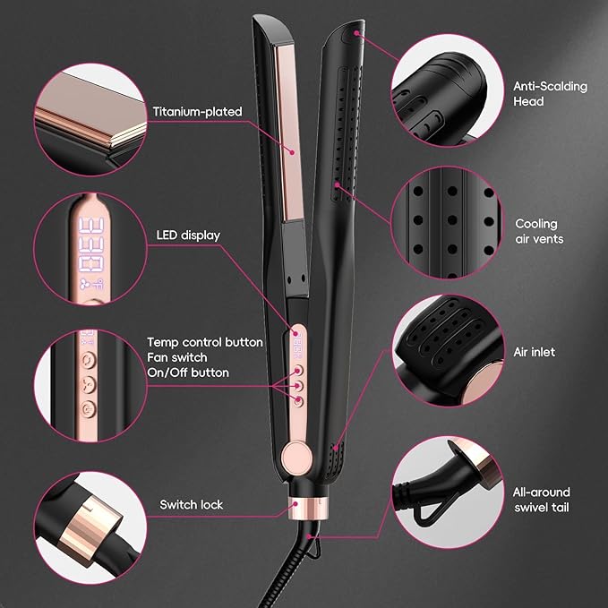 SKIMI Airflow Styler, Titanium Flat Iron Hair Straightener, Professional Curling Iron with Cooling Air Vents to Lock in Style, 5 Temps & Dual Voltage, Auto Off