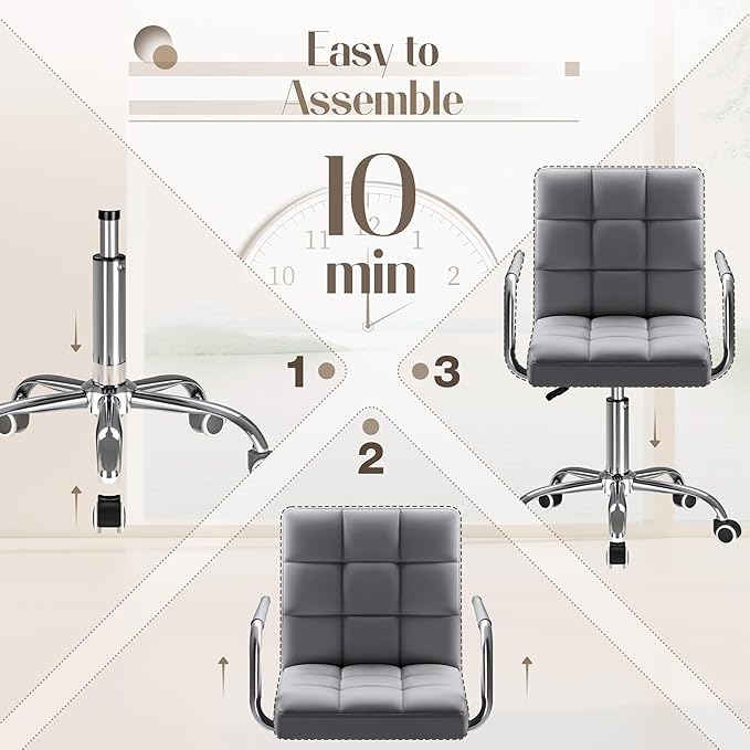 Furmax Vanity Office Chair with Wheels,Makeup PU Leather Executive Chair Modern Adjustable Home Desk Retro Comfortable Work Chair 360 Degree Swivel with Arms (Grey)
