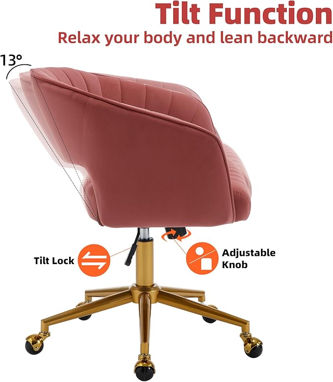 Westice Home Office Desk Chairs, Modern Velvet Desk Chair, Height Adjustable Swivel Vanity Chair with Golden Base, Ergonomic Chair for Vanity Study, Living Room Computer Room, Bean Paste Red