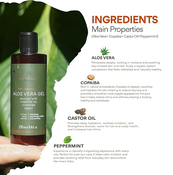 AHOALOE Pack of 3 Brazilian Aloe Vera Gel - Multipurpose Moisturizing Natural Gel with Copaiba, Castor Oil and Fresh Mint and Natural for Face, Skin and Hair - After Sun Care, Sunburn Relief 3x 8.4oz