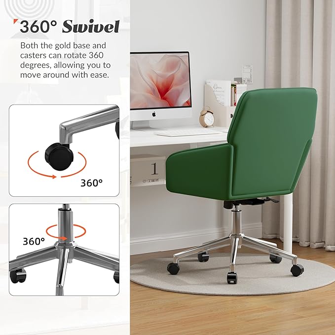 YISHENG Velvet Office Desk Chair with Silver Base, with Wheels,Modern Height Adjustable 360 Degree Swivel Upholstered Vanity Chairs with Arms for Living Room Bedroom,Green