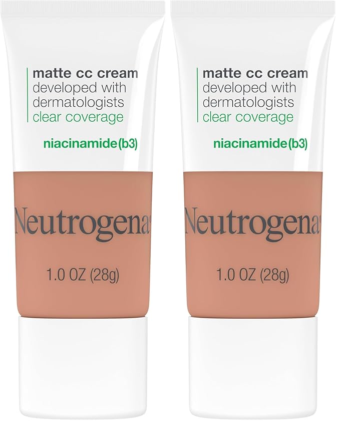Neutrogena Clear Coverage Flawless Matte CC Cream, Full-Coverage Color Correcting Cream Face Makeup with Niacinamide (b3), Hypoallergenic, Oil Free & Fragrance Free, Toast, 1 oz (Pack of 2)