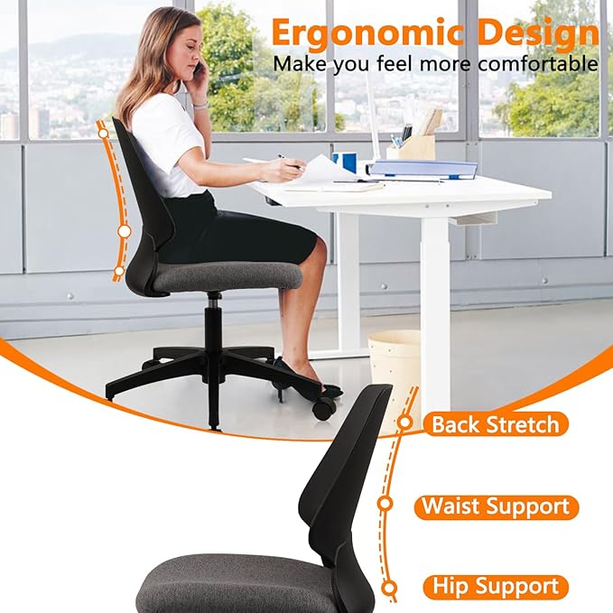 CLATINA Armless Home Office Chair, Ergonomic Small Desk Chair with Wheels and Soft Thick Upholstered Cushion, Comfy Adjustable Height Swivel Computer Task Chair for Conference Waiting, Black, 4Pack