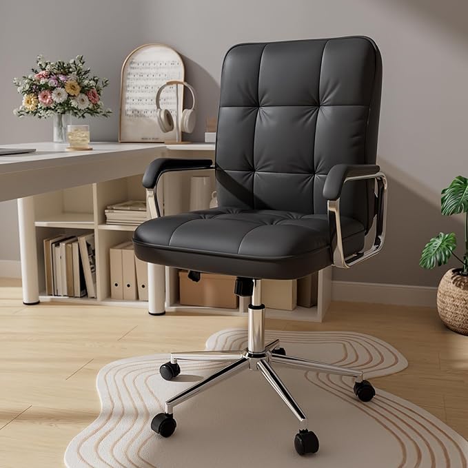 Black Leather Office Desk Chair, Swivel Computer Home Office Desk Chair with Wheels and Padded Arms, Adjustable Height and Tilt