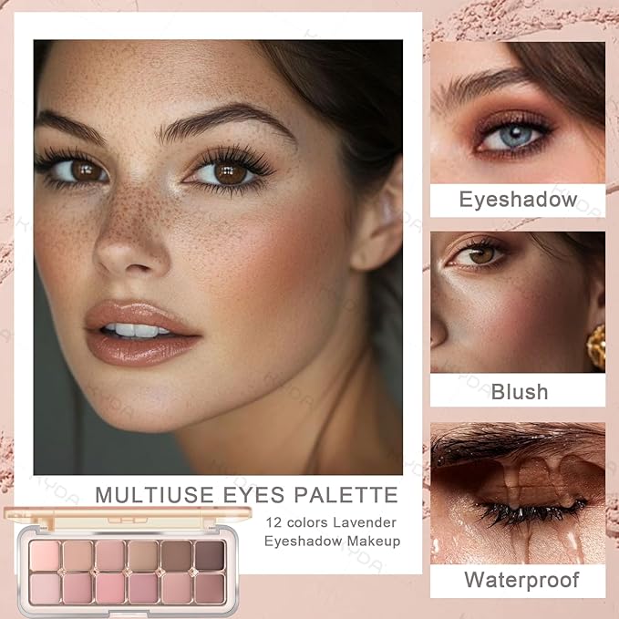 KYDA 12 Colors Grey Pink Eyeshadow Palette with Brush, High Pigment Matte Shimmer Pink Brown Eye Shadow, Netural Brown Eyes Palette for Women, Soft Blendable Powder Eyeshadow, Korean Eyes Makeup