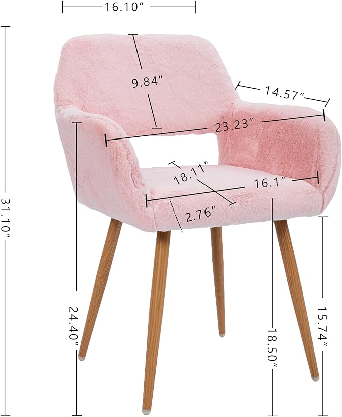 KCC Furry Desk Chair Set of 2, Mid-Century Modern Accent Faux Fur Chair for Teen Girls, Comfy Armchair with Wood Look Metal Legs for Living Room, Home Vanity Makeup Office Desk Chairs No Wheel, Pink