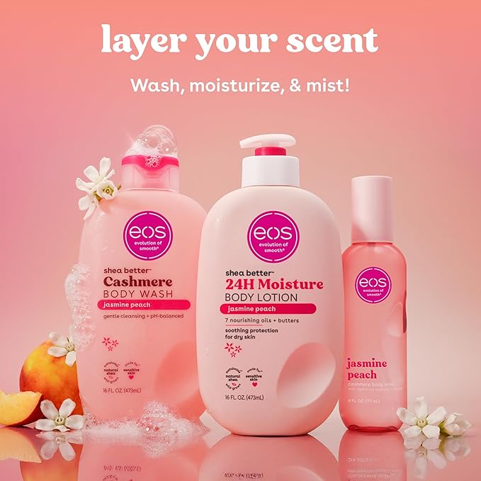 eos Cashmere Body Wash – Jasmine Peach, Moisturizing Body Wash, Creamy Gel Formula, with Shea Butter, Glycerin, Vitamin E, pH Balanced, Sensitive Skin, Vegan, 16 fl oz