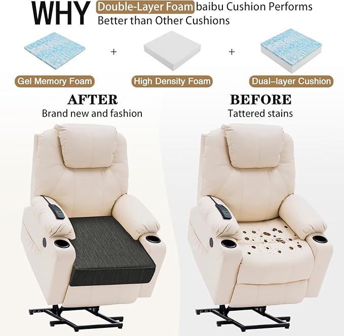baibu Gel Memory Foam Recliner Cushions with Lumbar Support Pillow for Elderly, 20x20x5 Inch Thick Dual-Layer Design Non-Slip Seat Cushion for Recliner Chair for Reduce Hip & Lumbar Pain, Black