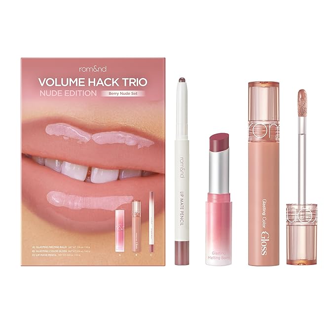 rom&nd Volume Hack Trio Berry Nude Set | 3-Step Plumping Lip Kit for Defined, High-Shine Lips | TikTok Viral Cool-Tone Gradient