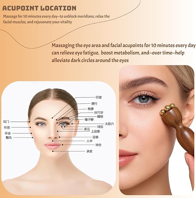 2Pcs Facial Massage Tool for Eye Massage Reduce Puffiness and Dark Circles Facial Meridian Brush Sandalwood Handle Copper Massage Beads Chinese SPA Gua Sha Tool (Sandalwood)