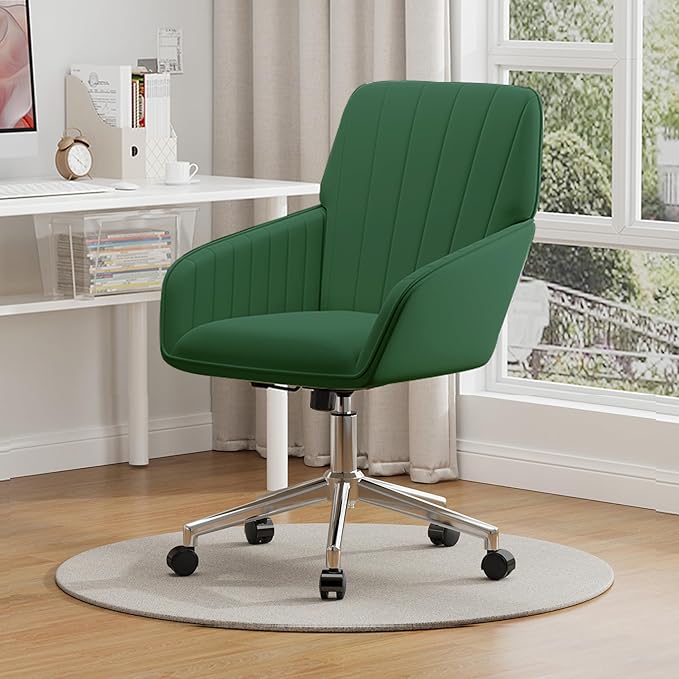 YISHENG Velvet Office Desk Chair with Silver Base, with Wheels,Modern Height Adjustable 360 Degree Swivel Upholstered Vanity Chairs with Arms for Living Room Bedroom,Green