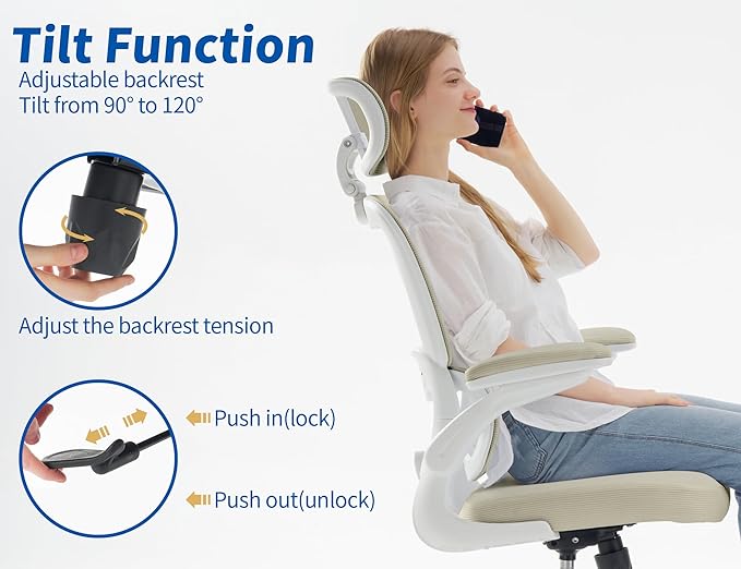 TRALT Ergonomic Office Chair - Desk Chair with Adjustable Headrest Lumbar Support Computer Chair - Mesh Comfy Chair with Flip-up Armrests - Gaming Chairs for Adults Home Office (Leather, Beige)