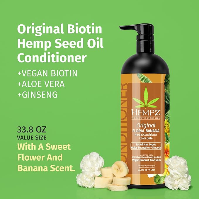 Hempz Biotin Conditioner - Original Light Floral & Banana - For Growth & Strengthening of Dry, Damaged and Color Treated Hair, Hydrating, Softening, Moisturizing 33.8 Fl OZ