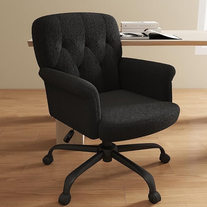 Comfy Home Office Desk Chair, Upholstered Fuzzy Vanity Chair with Wheels and Arms, Modern Adjustable Swivel Computer Seat for Living Room, Bedroom, Make Up, Home Office, Teddy Fleece, Black