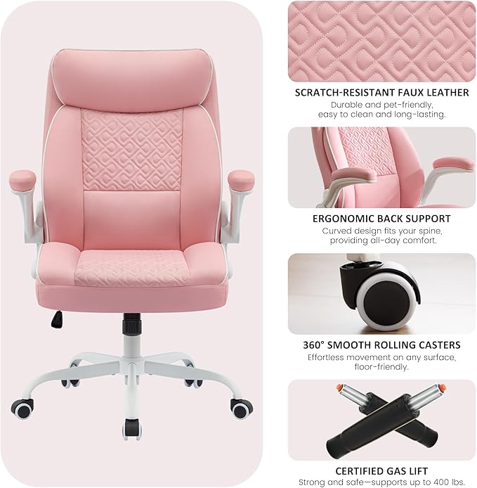 Leather Office Chair, Computer Desk Chair with Lumbar Support,Height Adjustment, Comfortable Excutive Task Chairs 400lbs with Padded Flip-up Armrests, Pink