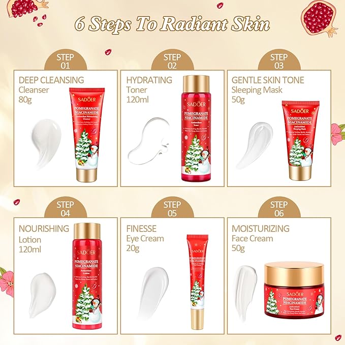 Gifts for Women 6 Pcs Skin Care Set Pomegranate Moisturize Soothe Hydrate Gifts for Teenage Girls Stocking Stuffers-Cleanser,Toner,Lotion,Face Cream,Eye Cream,Sleep Mask