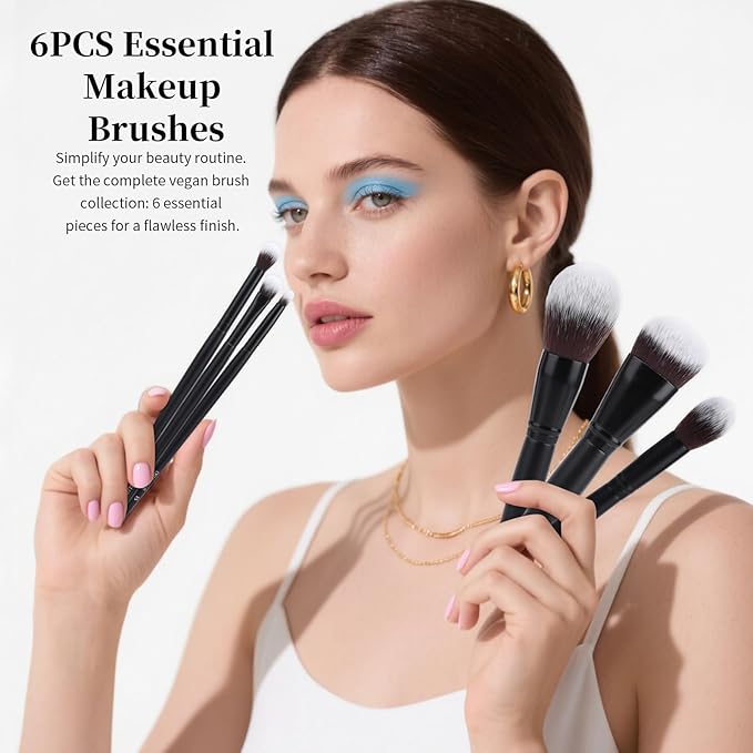 Premium Synthetic Makeup Brushes 6Pcs Makeup Brush Set for Powder Foundation Contour Blush Hightlight Eyeshadow Blending & Concealer, Cruelty-Free