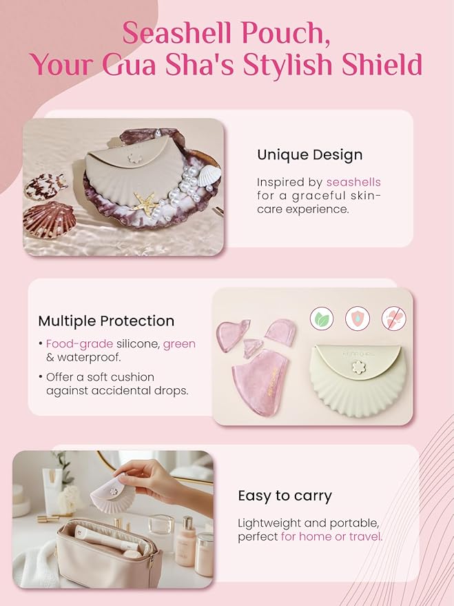 Rena Chris Gua Sha Facial Tools, Rose Quartz Guasha Tool for Acupuncture, Manual Massage Tool for Jawline Sculpting and Puffiness Reducing, Gua Sha Facial Massage Tool with Silicone Case (Rose Pink)