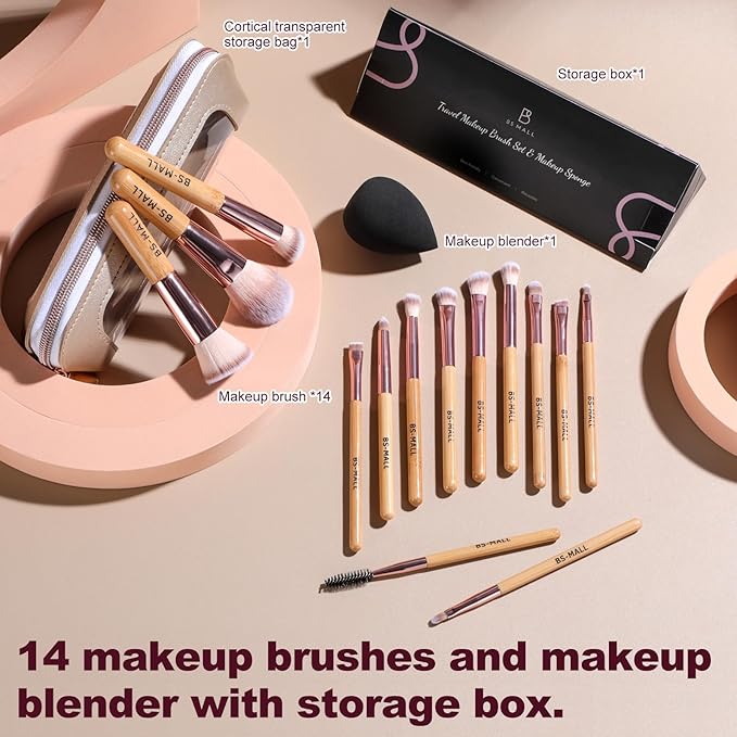 BS-MALL 14 Pcs Makeup Brushes Set with 1 Pcs Makeup Sponge – Essential Foundation Powder Concealers, Eye Shadows, Blush Makeup Brushes with Travel Makeup Case (Bamboo)