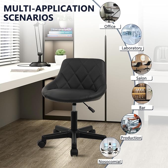 Low Back Rolling Stool PU Leather Vanity Stools, Adjustable Height Ergonomic Swivel Rolling Desk Stool Work Drafting Swivel Chair, Makeup Shop Salon Spa Stools, Black, 4 Pack