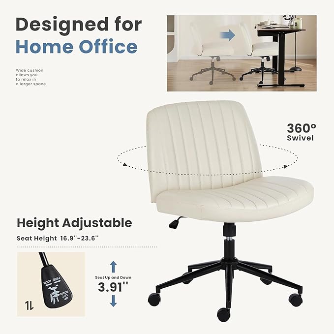 DUMOS Criss Cross Chair with Wheels, Legged Office Armless Wide Desk Seat Dual-Purpose Base, Adjustable Swivel Leather Task Vanity Home Office Desk Seating, Cream