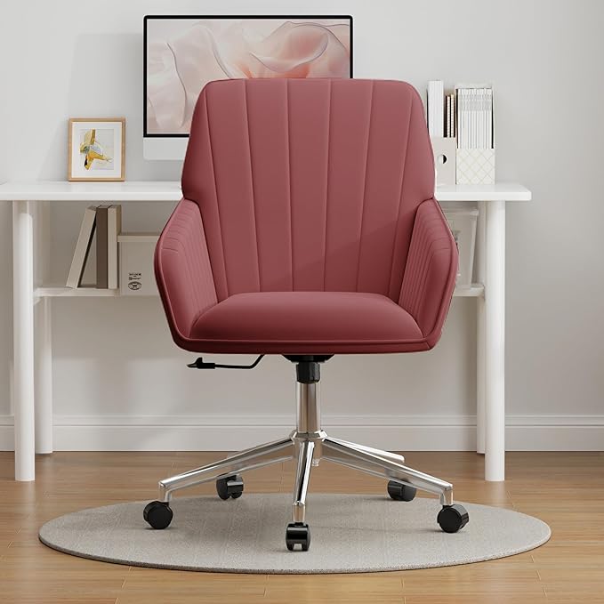YISHENG Velvet Office Desk Chair with Silver Base, with Wheels,Modern Height Adjustable 360 Degree Swivel Upholstered Vanity Chairs with Arms for Living Room Bedroom,Rose