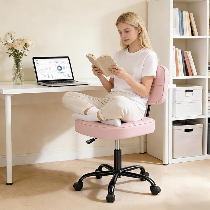 DUMOS Home Office Desk Chair - Ergonomic Armless PU Leather Computer Rolling Task Chair，with Comfy Lumbar Support and Height Adjustable, Vanity, Bedroom, Pink